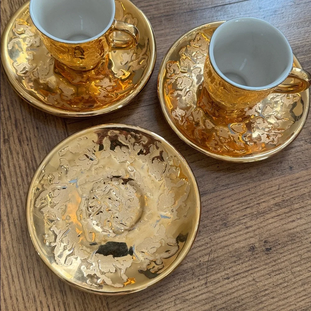 22k Gold Espresso Cup and Saucer over bone china - Set of 3 | Made in USA VTG
